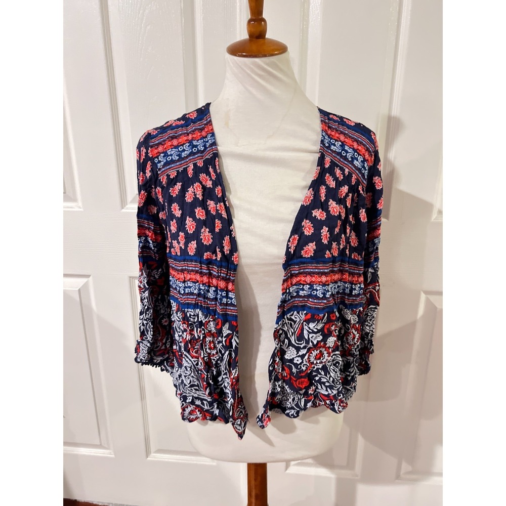 Xhilaration Womens Paisley Red Blue Short Kimono Cardigan Sz M Bohemian‎ Western